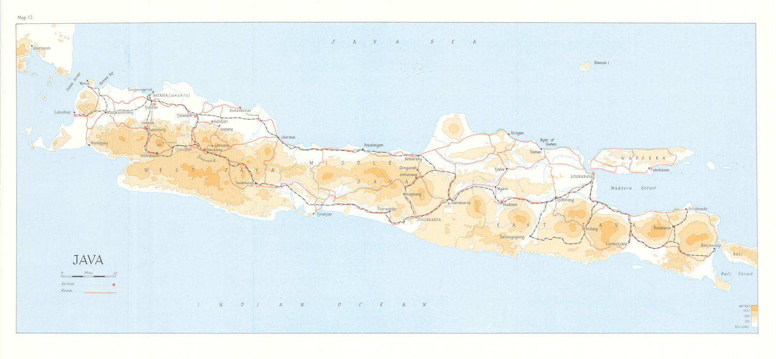 Java in 1945. Airfields & roads. World War Two 1969 old vintage map plan chart